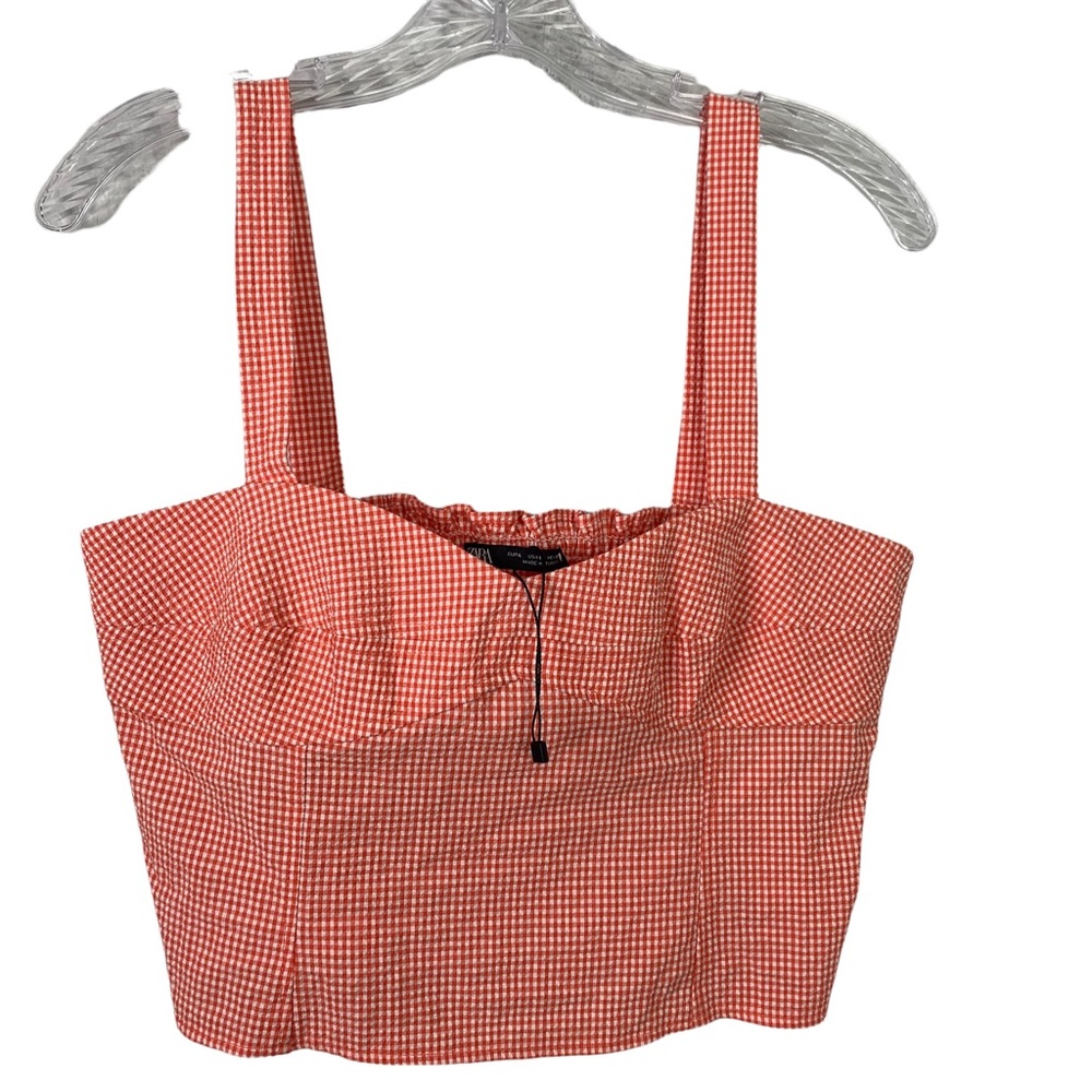 Zara Women’s Sleeveless Cropped Orange Checkered Top Size L NWOT